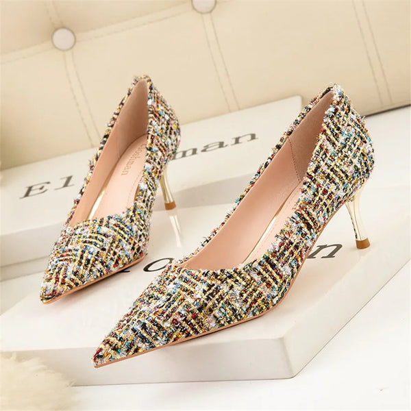 Talon en métal mode Costume Tweed femmes chaussures printemps Plaid bout pointu mariée femme pompes talons hauts dame peu profonde travail chaussure robe