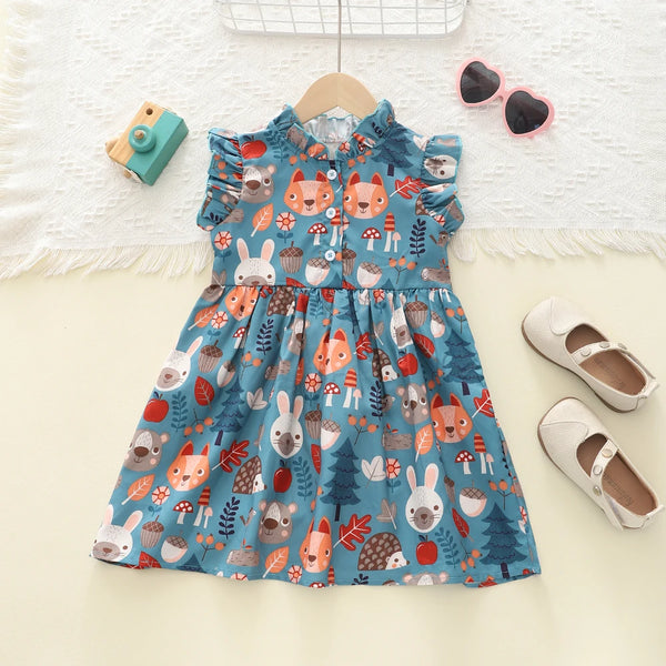 Humor Bear – tenue décontractée pour filles, série d'impression forêt, robe de soirée, bord en dentelle, manches volantes, col rond, pour enfants de 2 à 6 ans
