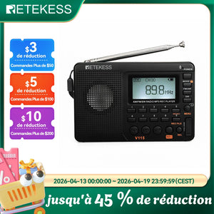 RETEKESS V115 radio Portable am fm radio à ondes courtes mini radio rechargeable avec lecteur MP3, son excellent pour le camping et le cadeau
