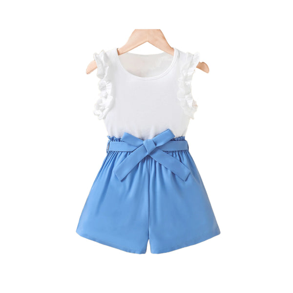 Fille manches à volants épissées bleues et blanches robe - style frais d'été