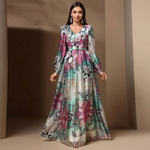 Robe de soirée élégante à col en V imprimée, manches longues, taille cintrée, pour femme, printemps automne, jupe trapèze taille haute, fermeture éclair