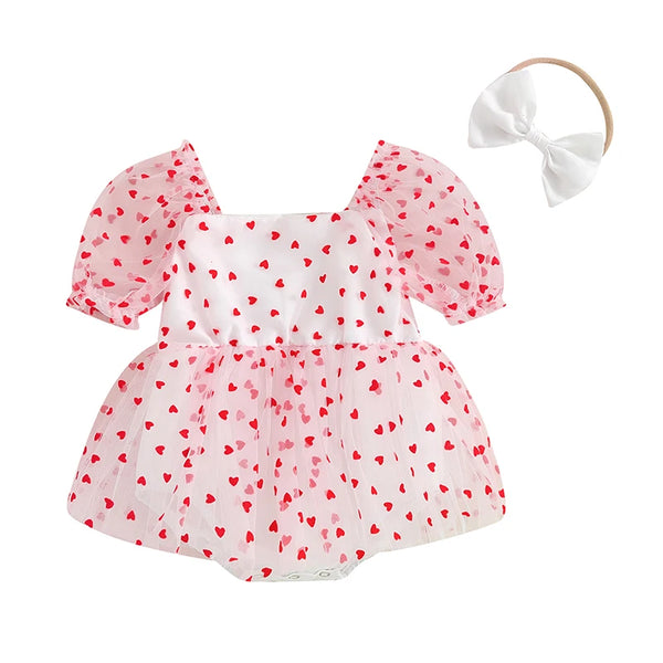 Robe barboteuse pour nouveau-né fille, 2 pièces, tenue de saint-valentin, manches courtes bouffantes, imprimé cœur, barboteuse trapèze avec bandeau à nœud papillon, vêtements
