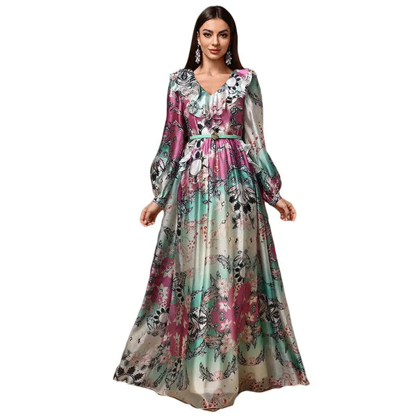 Robe de soirée élégante à col en V imprimée, manches longues, taille cintrée, pour femme, printemps automne, jupe trapèze taille haute, fermeture éclair