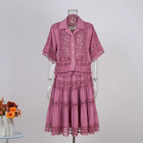 Ensemble Chemise et Jupe Courte en Dentelle Brodée pour Femme, Tenue Ajourée de Qualité, 2 Pièces