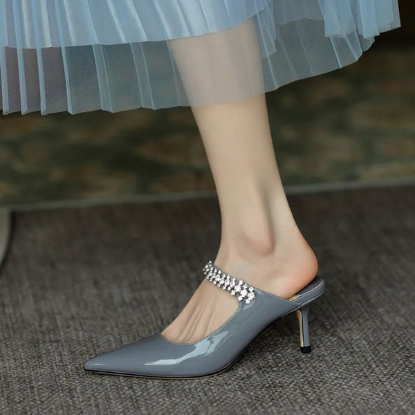 Sandales de Luxe en Cuir à Talons Hauts et Pointus pour Femme, Pantoufles de Soirée en Diamant, Nouvelle Collection Été 2024
