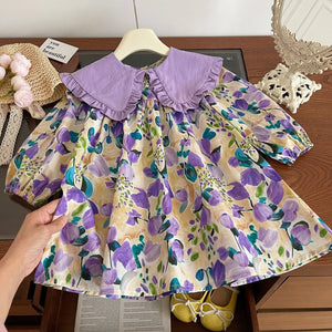 Robes décontractées pour filles, imprimé floral violet, manches bouffantes à revers en dentelle et manches longues, robe de soirée à fleurs pour enfants de 2 à 7 ans