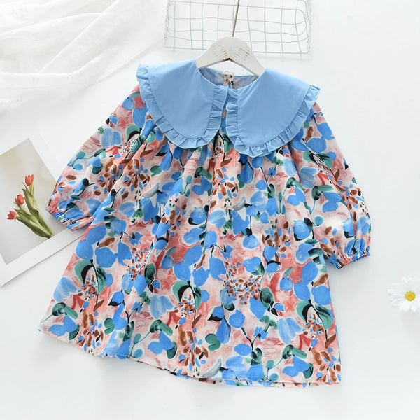Robes décontractées pour filles, imprimé floral violet, manches bouffantes à revers en dentelle et manches longues, robe de soirée à fleurs pour enfants de 2 à 7 ans