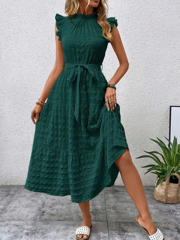 Robe d'été pour femme, élégante, à manches volantées, col montant, volants, coupe ample, longue, couleur unie, avec lacets, pour soirée