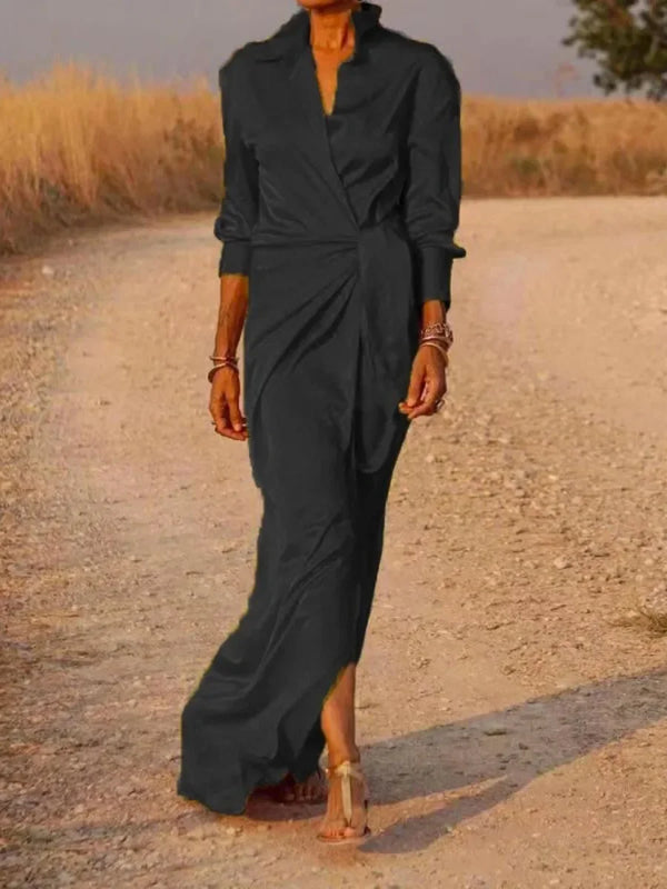 Robe chemise élégante en polyester pour femme, robe à revers, manches longues, taille nouée, robe maxi, document monochrome, nouveau, 2025