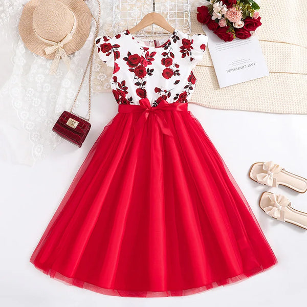 Filles vêtements d'été Style décontracté vêtements volants imprimé fleur nœud papillon fête d'anniversaire robe de concours décontracté vacances élégant