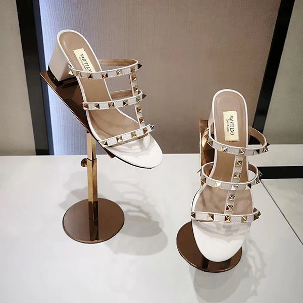 Chaussures de gladiateur de luxe pour femmes, sandales tendance pour femmes, pantoufles d'été, talon épais, talons hauts en cuir RiSALE, 2024