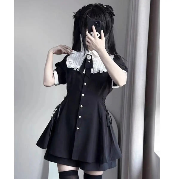 Kawaii belle robe à nœud femmes Design jolie nouvelle impression mince robes Lolita fille douce à manches longues mince robe de princesse plissée
