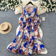 French Floral Print Chiffon Maxi Dress Women Long Sleeve Pleated Ruffle Hem A-Line Dress with Belt Spring Autumn