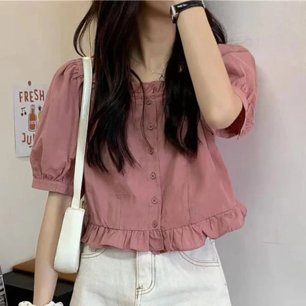 Coréen été à volants élégant en mousseline de soie Cool Blouse femmes jeune mignon recadrée hauts Chic à manches courtes chemise féminine
