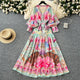 Spring Vacation V-Neck Tunic Pleated Midi Dress For Women Lantern Sleeve Empire Printed Lace Dress
