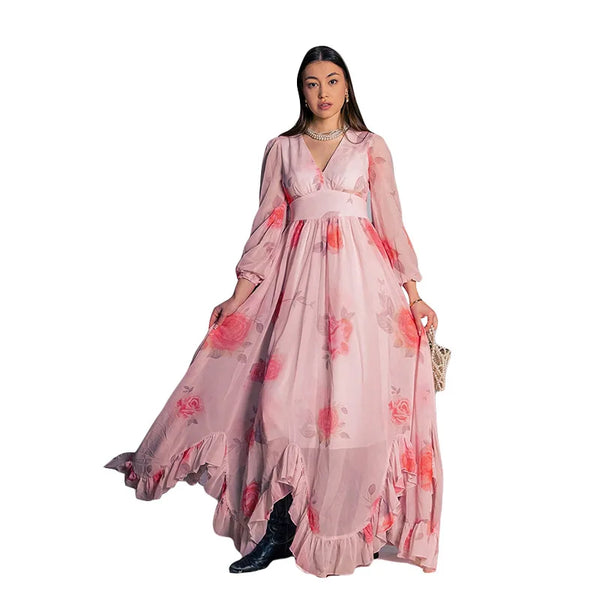 2025 Romantic Pink Rose Printed Muslim Maxi Dress for Women Boho-Chic Flowy Islamic-Inspired Attire with Ruffled Details