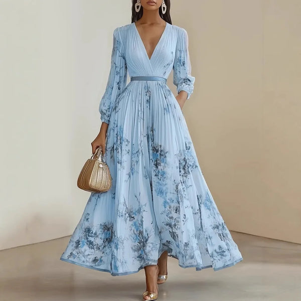 2025 Women Long Sleeve Maxi Long Dresses Floral Printed Pleated A-line Fashion V-neck High Quality Lady Elegant Casual Dress