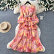 French Floral Print Chiffon Maxi Dress Women Long Sleeve Pleated Ruffle Hem A-Line Dress with Belt Spring Autumn
