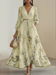 2025 Women Long Sleeve Maxi Long Dresses Floral Printed Pleated A-line Fashion V-neck High Quality Lady Elegant Casual Dress