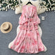 French Floral Print Chiffon Maxi Dress Women Long Sleeve Pleated Ruffle Hem A-Line Dress with Belt Spring Autumn