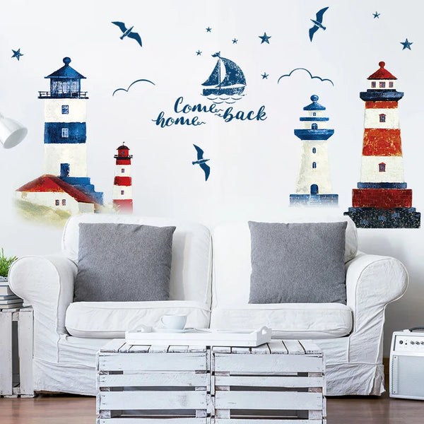 Autocollants Muraux Bateau à Voile et Phare, Décoration de Fond pour Chambre, Salon, TV, Canapé, Papier Peint Mural Artistique