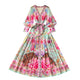 Spring Vacation V-Neck Tunic Pleated Midi Dress For Women Lantern Sleeve Empire Printed Lace Dress