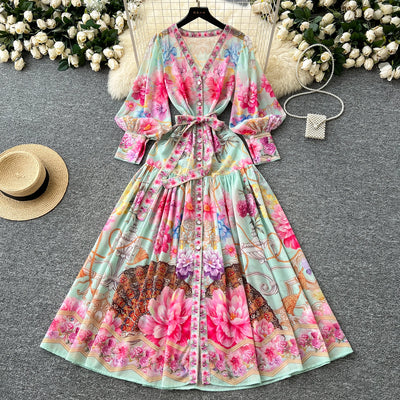 Spring Vacation V-Neck Tunic Pleated Midi Dress For Women Lantern Sleeve Empire Printed Lace Dress