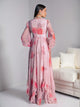 2025 Romantic Pink Rose Printed Muslim Maxi Dress for Women Boho-Chic Flowy Islamic-Inspired Attire with Ruffled Details