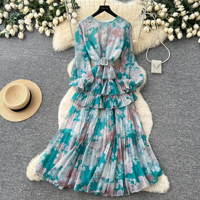 French Floral Print Chiffon Maxi Dress Women Long Sleeve Pleated Ruffle Hem A-Line Dress with Belt Spring Autumn