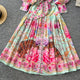 Spring Vacation V-Neck Tunic Pleated Midi Dress For Women Lantern Sleeve Empire Printed Lace Dress