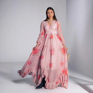 2025 Romantic Pink Rose Printed Muslim Maxi Dress for Women Boho-Chic Flowy Islamic-Inspired Attire with Ruffled Details