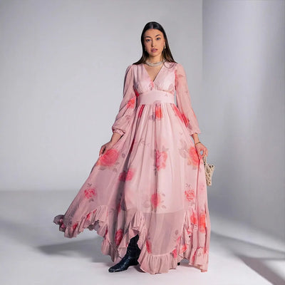 2025 Romantic Pink Rose Printed Muslim Maxi Dress for Women Boho-Chic Flowy Islamic-Inspired Attire with Ruffled Details