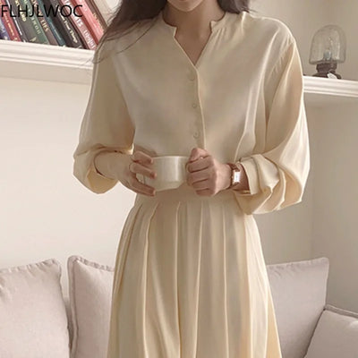 Robe chemise longue vintage pour femmes, chic, mode coréenne, tempérament dame de bureau, travail élégant, vêtements de base, solide, fenimine, éducatif