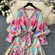 Spring Vacation V-Neck Tunic Pleated Midi Dress For Women Lantern Sleeve Empire Printed Lace Dress