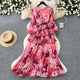 French Floral Print Chiffon Maxi Dress Women Long Sleeve Pleated Ruffle Hem A-Line Dress with Belt Spring Autumn