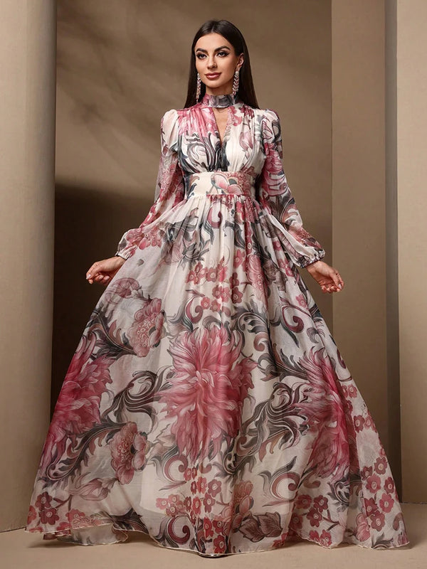 TOLEEN 2024 nouveau dans les femmes imprimé fleuri découpé à manches longues taille haute cravate dos décontracté élégant formel été Maxi robe
