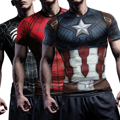 Chemises de Compression pour hommes, T-Shirt de Cosplay araignée de bande dessinée à manches courtes, haut de super-héros élastique, vêtements de sport de Fitness, vêtements d'halloween