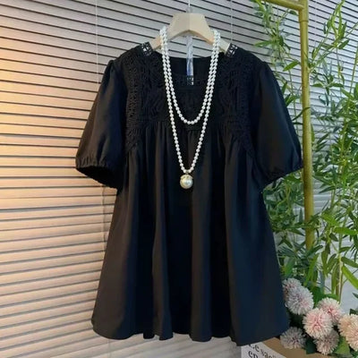 Chemisiers d'été 2025 Blusas Mujer De Moda blanc surdimensionné hauts Patchwork dentelle col rond manches courtes Vintage mode Blouse chemises