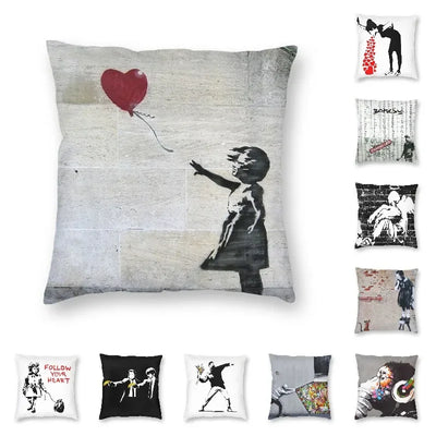 Banksy-Taie d'oreiller carrée Street Pop Art, housse de coussin d'artiste graffiti, décoration d'intérieur, canapé, impression recto-verso