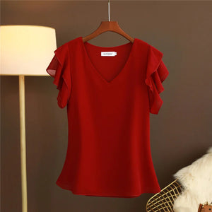 Robe d'été à la mode pour femmes, chemisier, haut, manches courtes, col en v, T-shirt en mousseline de soie, petite chemise ample et polyvalente, 2026