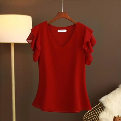 Robe d'été à la mode pour femmes, chemisier, haut, manches courtes, col en v, T-shirt en mousseline de soie, petite chemise ample et polyvalente, 2026