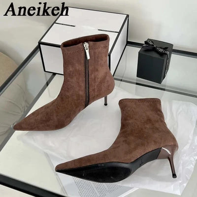Aneikeh-Bottes de rinçage pointues pour femmes, chaussures à talons bas minces, bottes courtes modernes, bottes de créateur vintage, automne et hiver