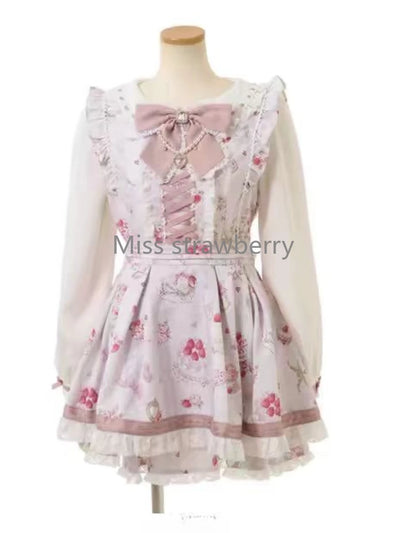 Kawaii belle robe à nœud femmes Design jolie nouvelle impression mince robes Lolita fille douce à manches longues mince robe de princesse plissée