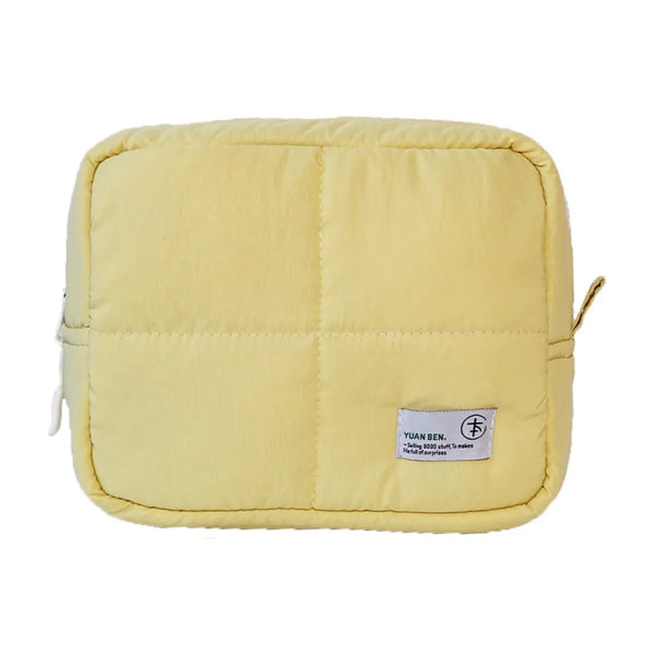 Trousse de maquillage matelassée esthétique, pochette carrée bouffante pour cosmétiques, grande capacité, sac de rangement de soins de la peau de couleur unie pour femmes