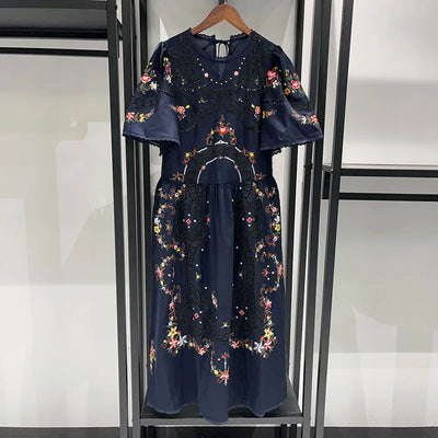 Robe à manches courtes et col rond pour femmes, douce, florale, broderie croisée, creuse, printemps et été, 2025
