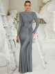 Robe de soirée de luxe pour femmes, élégante, col rond, manches longues, plis, taille haute, moulante, grise, Robe de soirée