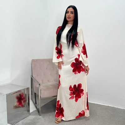 Arabesque cloche manches fluide Maxi Abaya Robe élégante imprimé fleuri musulman modeste Robe longue islamique vacances tenue Robe d'été