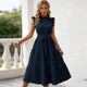 Robe d'été pour femme, élégante, à manches volantées, col montant, volants, coupe ample, longue, couleur unie, avec lacets, pour soirée