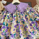 Robes décontractées pour filles, imprimé floral violet, manches bouffantes à revers en dentelle et manches longues, robe de soirée à fleurs pour enfants de 2 à 7 ans