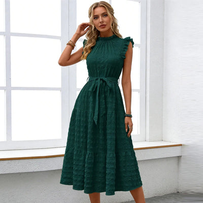 Robe d'été pour femme, élégante, à manches volantées, col montant, volants, coupe ample, longue, couleur unie, avec lacets, pour soirée